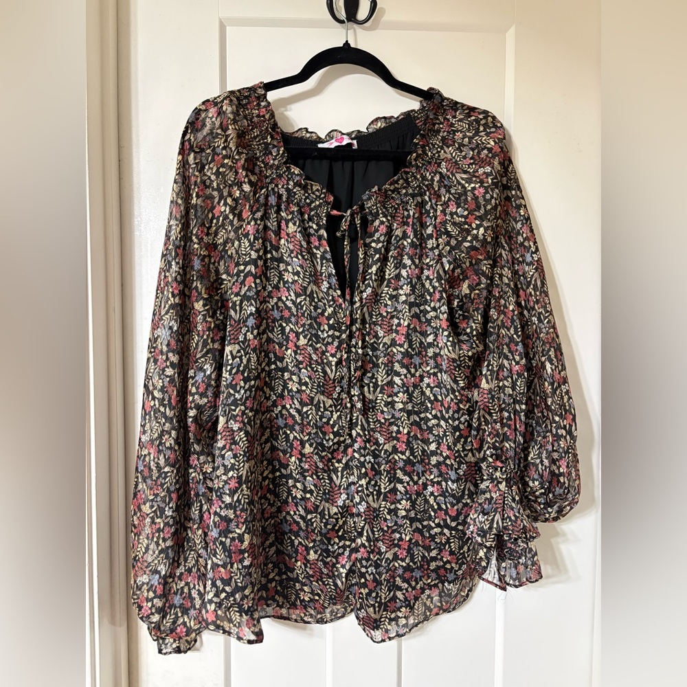 Buddy Love Black Floral Tie-Neck Blouse with Pink and Cream Accents